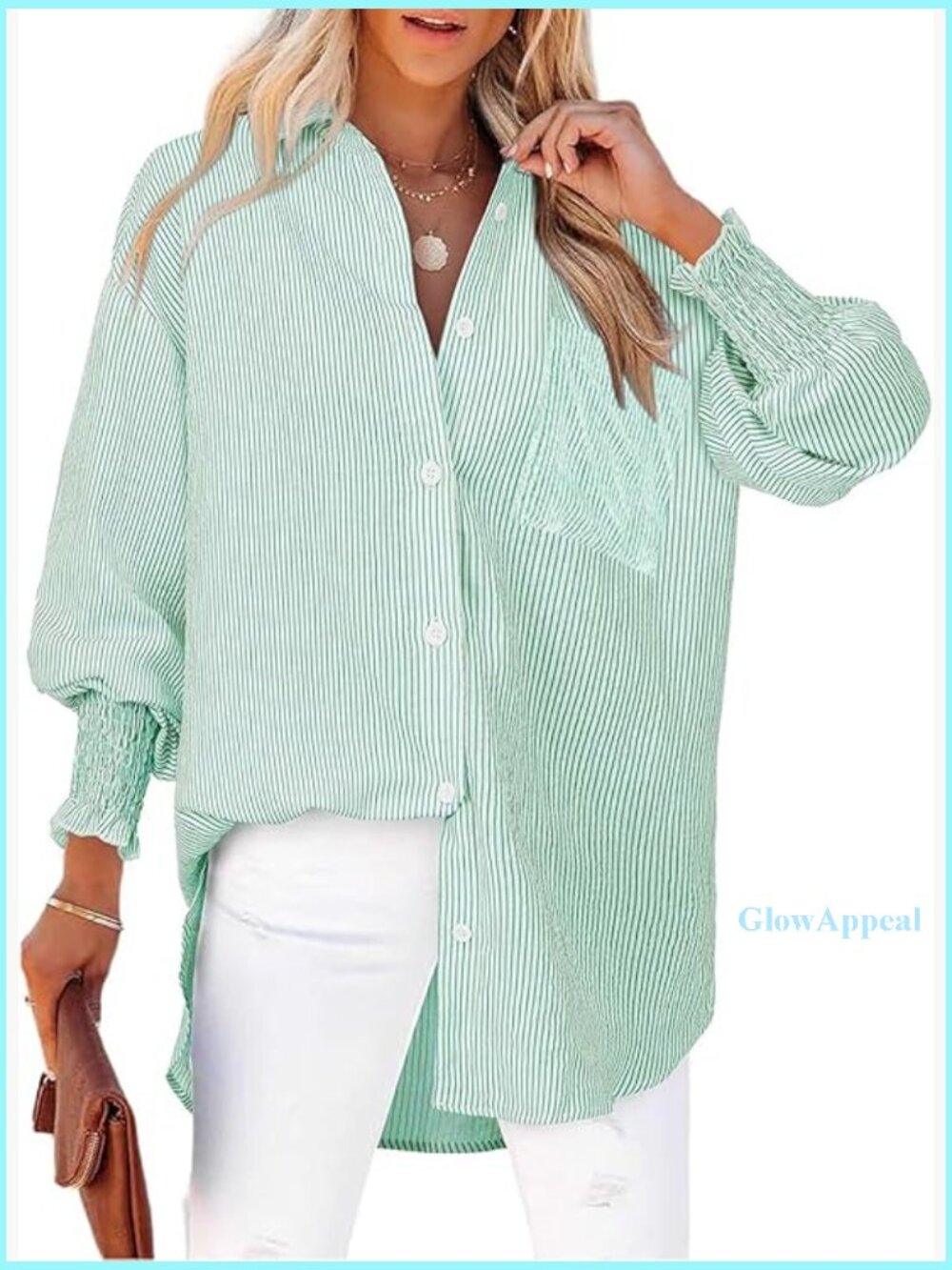 Oversized Striped Button Down Shirt Long Sleeve Smocked Cuff Pocket Blouse